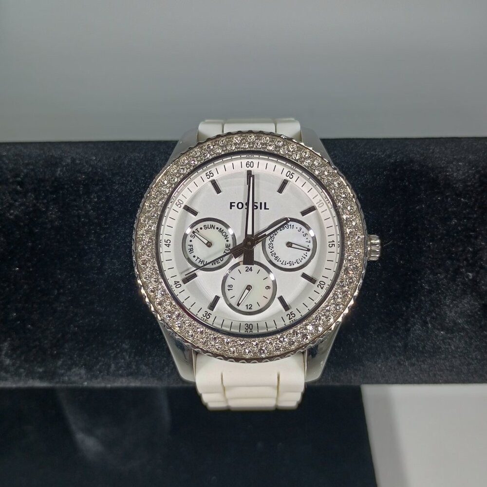 FOSSIL Stella 3 Dial Watch Crystal Bezel 5 ATM White Band New Battery